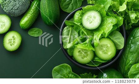 Green salad with cucumbers on a dark background 118823079