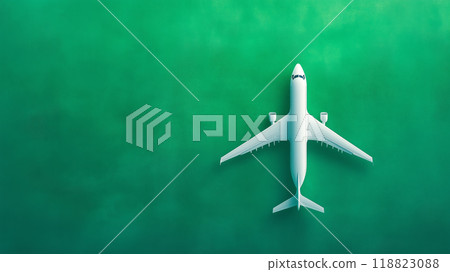 Airplane flying over a turquoise field during daylight 118823088