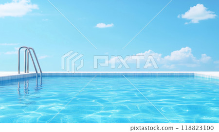 Clear blue pool under bright sky with fluffy clouds 118823100