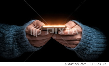Person using a smartphone with glowing screen in dark 118823104