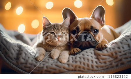 Dog and cat relaxing in bed Dog and cat relaxing in bed 118823132