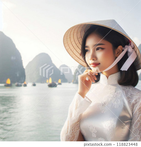 身著奧黛的越南女子站在下龍灣的背景下 身著奧黛的越南女子站在下龍灣的背景下 118823448