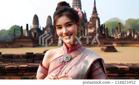 Thai woman and Buddhist ruins 118823452