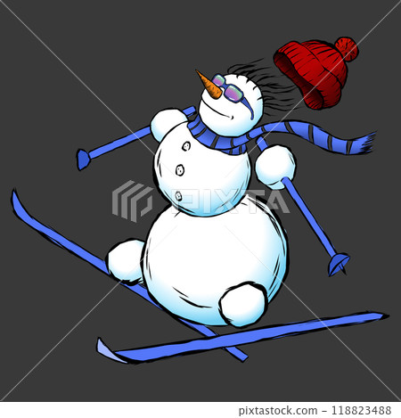 A snowman with a breeze is skiing on a transparent background. New Year pictures and banners vector illustration with transparent background.  118823488