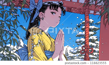 穿著日式服裝參拜新年神社的年輕女子 穿著日式服裝參拜新年神社的年輕女子 118823555