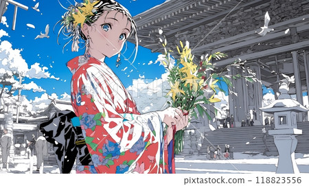 穿著日式服裝參拜新年神社的年輕女子 118823556