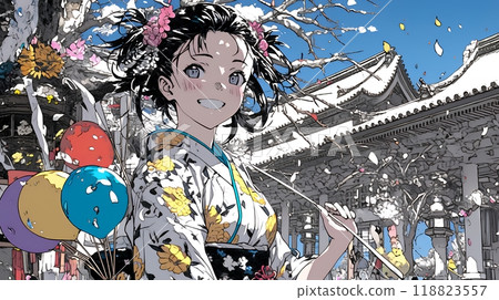 穿著日式服裝參拜新年神社的年輕女子 118823557