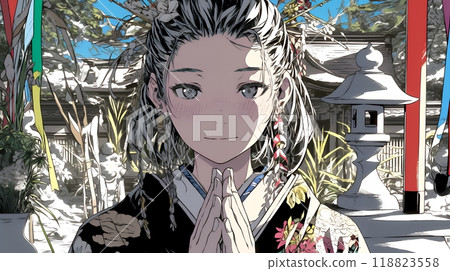 A young woman wearing a kimono visiting a shrine for the first time of the year 118823558