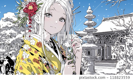A young woman wearing a kimono visiting a shrine for the first time of the year 118823559