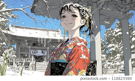 A young woman wearing a kimono visiting a shrine for the first time of the year 118823560