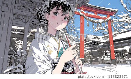 A young woman wearing a kimono visiting a shrine for the first time of the year 118823571