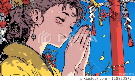 A young woman wearing a kimono visiting a shrine for the first time of the year A young woman wearing a kimono visiting a shrine for the first time of the year 118823572