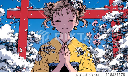 A young woman wearing a kimono visiting a shrine for the first time of the year 118823578
