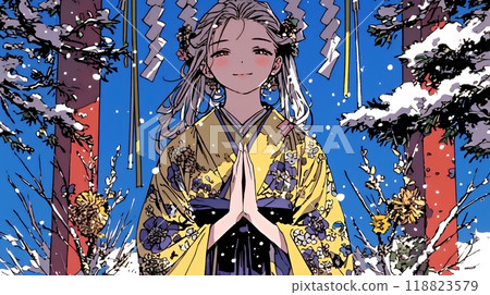 A young woman wearing a kimono visiting a shrine for the first time of the year A young woman wearing a kimono visiting a shrine for the first time of the year 118823579