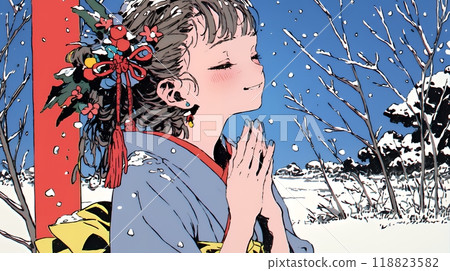 A young woman wearing a kimono visiting a shrine for the first time of the year 118823582