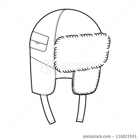Utility Trapper Hat. Winter Head Fashion accessory cap with pocket and fur clothing technical illustration. Vector Utility Trapper Hat. Winter Head Fashion accessory cap with pocket and fur clothing technical illustration. Vector 118823591