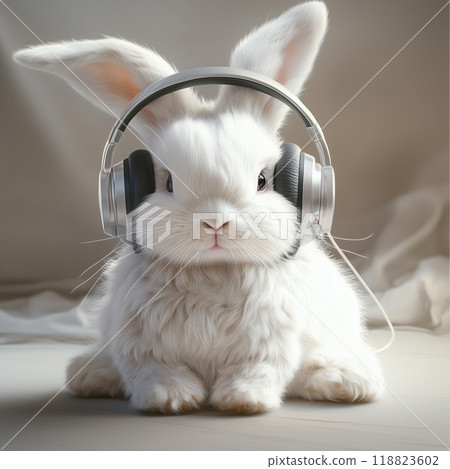 毛茸茸的兔子用耳機聽音樂 毛茸茸的兔子用耳機聽音樂 118823602
