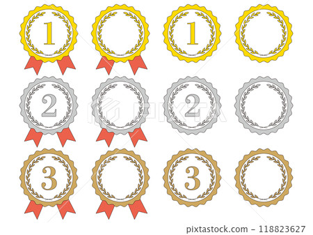 Set of laurel gold, silver and bronze medal frame illustrations_line drawing Set of laurel gold, silver and bronze medal frame illustrations_line drawing 118823627