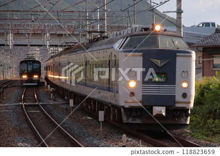 The 583 series express Kitaguni train speeding along the JR Kyoto Line towards its final destination, Osaka. Photo taken on 9/9/2009 The 583 series express Kitaguni train speeding along the JR Kyoto Line towards its final destination, Osaka. Photo taken on 9/9/2009 118823659