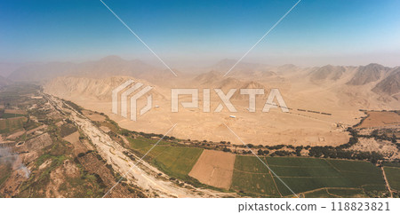 Ultra wide view the ancient archaeological site of Caral, near Supe, Barranca Province, Peru. Caral is a UNESCO world heritage site and considered to be the oldest city in the Americas. Ultra wide view the ancient archaeological site of Caral, near Supe, Barranca Province, Peru. Caral is a UNESCO world heritage site and considered to be the oldest city in the Americas. 118823821