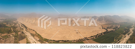 Aerial view the Sacred City of Caral, is an archaeological site located in the Supe valley, near the current town of Caral, 182 kilometers north of Lima, Peru 118823822