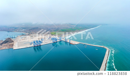 Panoramic view of Chancay Mega seaport. Located in Peru, under construction, future maritime hub of South America. Chancay Lima, Peru. Panoramic view of Chancay Mega seaport. Located in Peru, under construction, future maritime hub of South America. Chancay Lima, Peru. 118823838