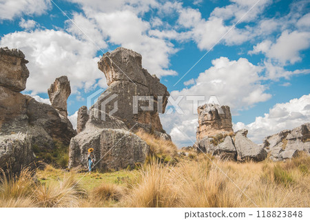 A Woman traveling through the peruvian andes. Huayllay Stone Forest, Peru. 118823848