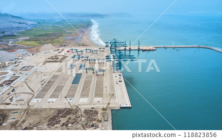 Chancay seaport. Located in Peru, Mega port under construction, future maritime hub of South America. Chancay Lima, Peru. Chancay seaport. Located in Peru, Mega port under construction, future maritime hub of South America. Chancay Lima, Peru. 118823856