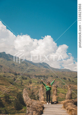 A woman in a green sweater is standing on a viewpoint in Canta, Lima, Peru. 118823868