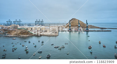 Chancay seaport. Located in Peru, Mega port under construction, future maritime hub of South America. Chancay Lima, Peru. 118823909