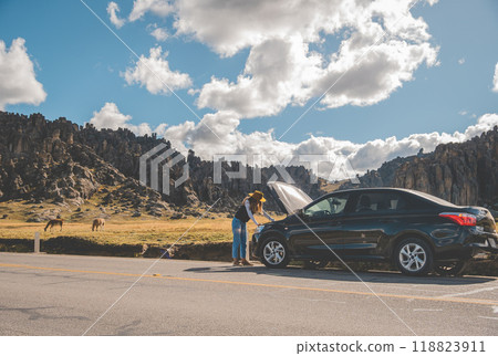 A woman tourists with damaged car with the hood up. traveling through the peruvian andes 118823911