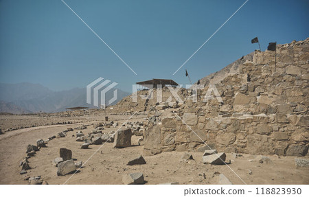 The ancient archaeological site of Caral, near Supe, Barranca Province, Peru. Caral is a UNESCO world heritage site and considered to be the oldest city in the Americas. 118823930