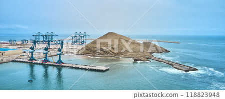 Chancay seaport. Located in Peru, Mega port under construction, future maritime hub of South America. Chancay Lima, Peru. 118823948