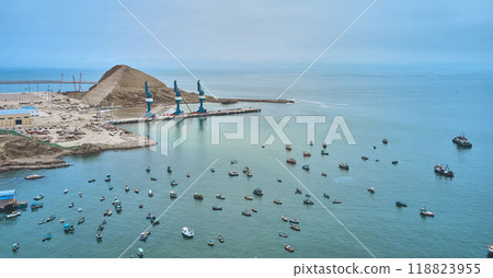 Aerial view of Chancay Mega seaport. Located in Peru, under construction, future maritime hub of South America. Chancay Lima, Peru. Aerial view of Chancay Mega seaport. Located in Peru, under construction, future maritime hub of South America. Chancay Lima, Peru. 118823955