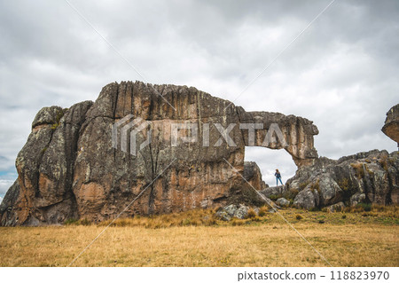 The sky is cloudy and the grass is dry, Huayllay Stone Forest, Peru. 118823970