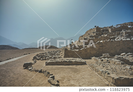 The ancient archaeological site of Caral, near Supe, Barranca Province, Peru. Caral is a UNESCO world heritage site and considered to be the oldest city in the Americas. 118823975