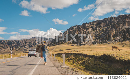 A woman is walking, hitchhiking on a road in Huayllay Stone Forest, Peru. 118824021