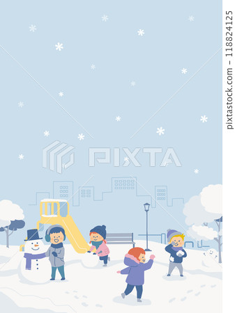 Background of children playing in the snow in the park 118824125
