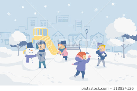 Illustration of kids playing in the snow in the park Illustration of kids playing in the snow in the park 118824126