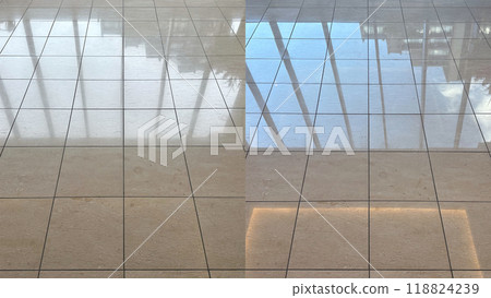 Before and after, polishing an old interior natural marble floor Before and after, polishing an old interior natural marble floor 118824239