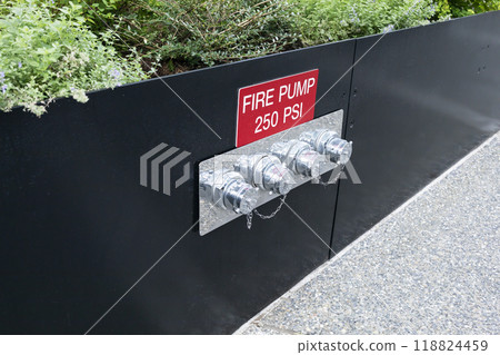 Modern Outdoor Fire Pump in Green Street, Fire Pipe, Hydration. Horizontal Plane. Safety Rescue, Fire extinguisher, Services Connection 118824459