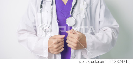 Stop Violence Against Women and November Lung Cancer Awareness month. Doctor with White ribbon in hospital. Healthcare and World Cancer day concept 118824713