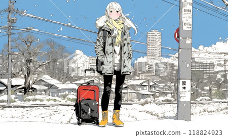 A young woman walking along a suburban road in winter 118824923