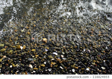 The Pacific Ocean stretches out over a vast sandy beach. The waves carry stones from somewhere. They are washed by the waves and glisten in the sunlight. 118824933