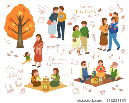Illustration and decoration set of people viewing autumn leaves 118825165