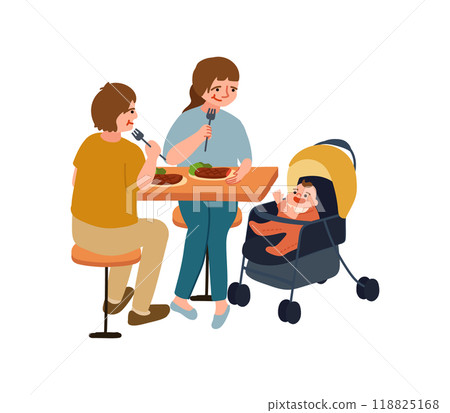 一對夫婦帶著嬰兒吃飯的插圖 一對夫婦帶著嬰兒吃飯的插圖 118825168
