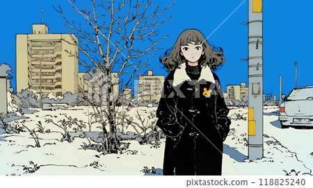 一位年輕女子走過一座死氣沉沉的冬季城市 118825240