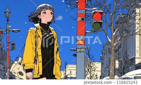 一位年輕女子走過一座死氣沉沉的冬季城市 一位年輕女子走過一座死氣沉沉的冬季城市 118825241