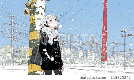 一位年輕女子走過一座死氣沉沉的冬季城市 一位年輕女子走過一座死氣沉沉的冬季城市 118825242