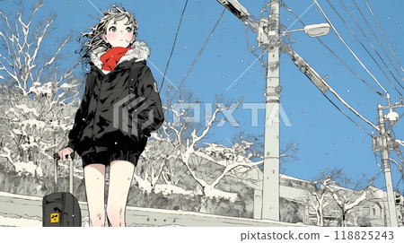 一位年輕女子走過一座死氣沉沉的冬季城市 一位年輕女子走過一座死氣沉沉的冬季城市 118825243